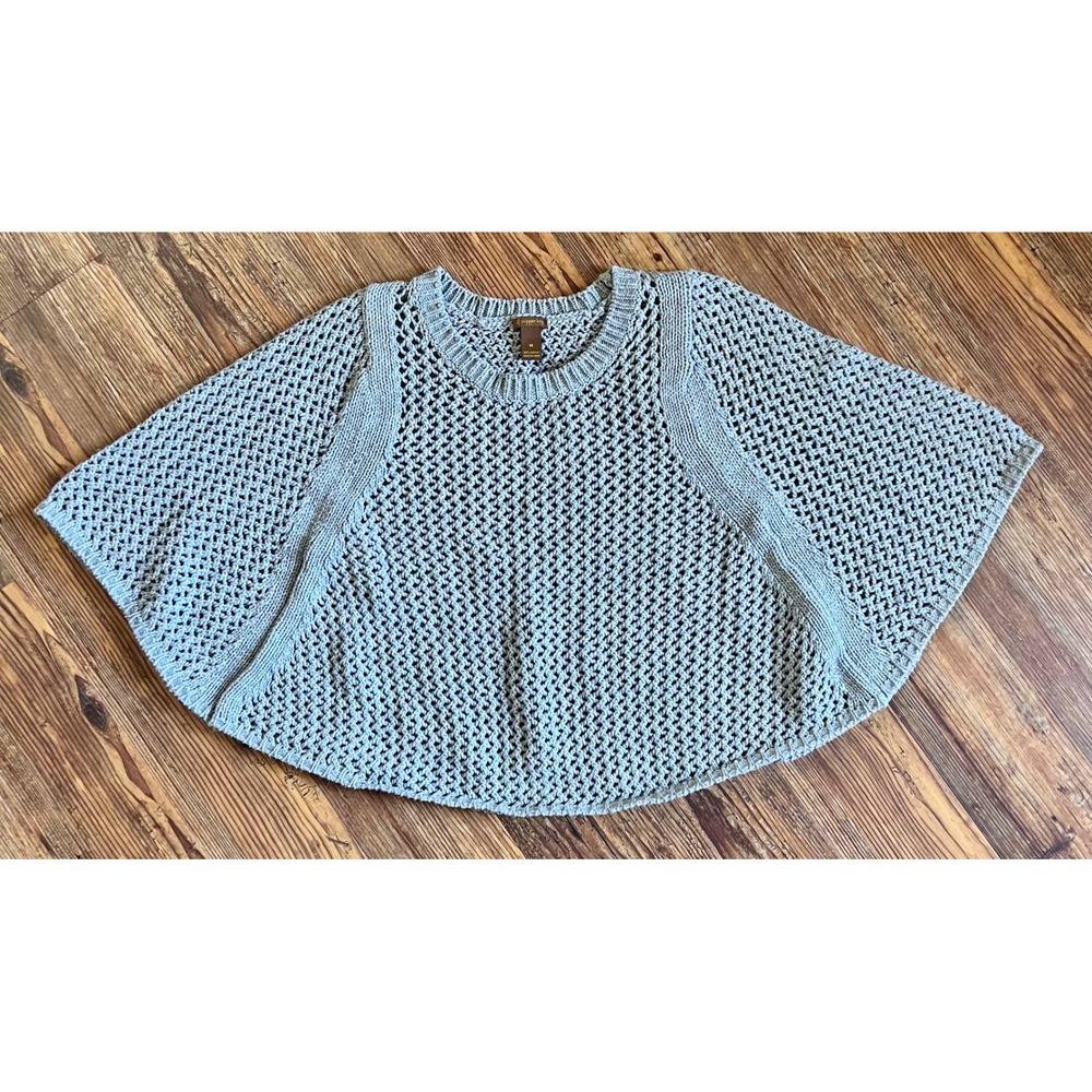 Copper Key Womens Light Blue Grey Open Knit Poncho Sweater Crew Neck Size Medium